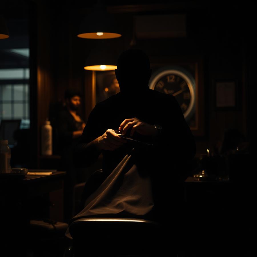 Barber przy pracy w ciemnym wnętrzu